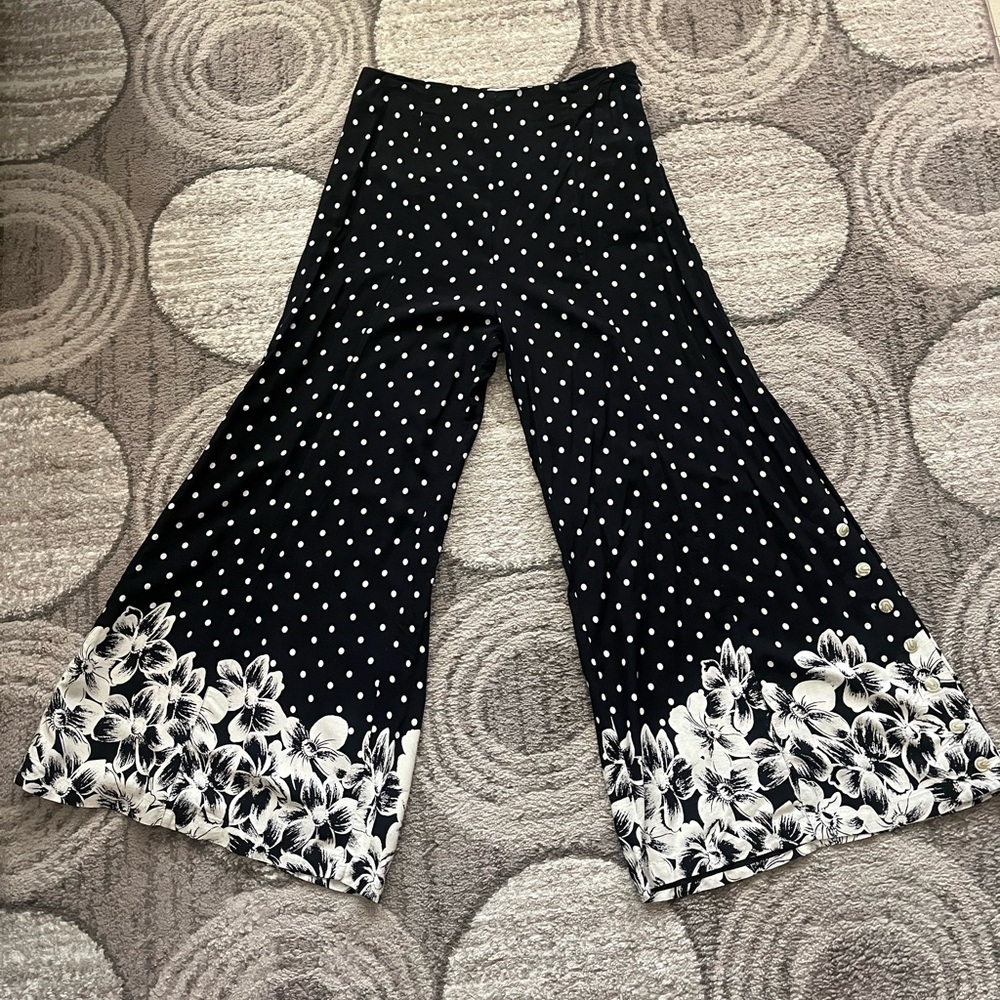 Black and White Wide Leg Polka Dot Pants with Floral Hem by ANTHROPOLOGIE.